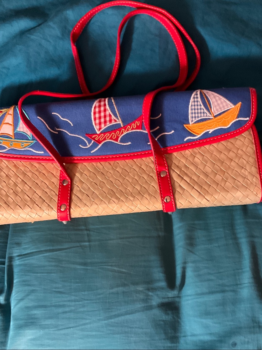 Women’s Woven Sailboat Tote Bag - Red Trim, Blue Top